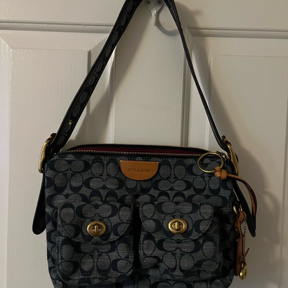 Coach Black and Gold Shoulder Bag with Monogram Print